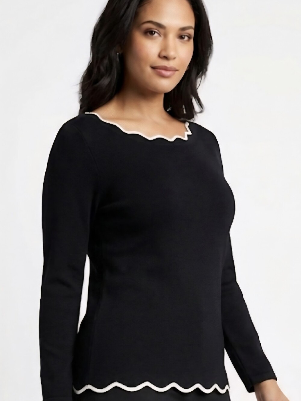 Roz & Ali Black Scalloped Neck Sweater with White trtim-Size M-Elegant & Classic